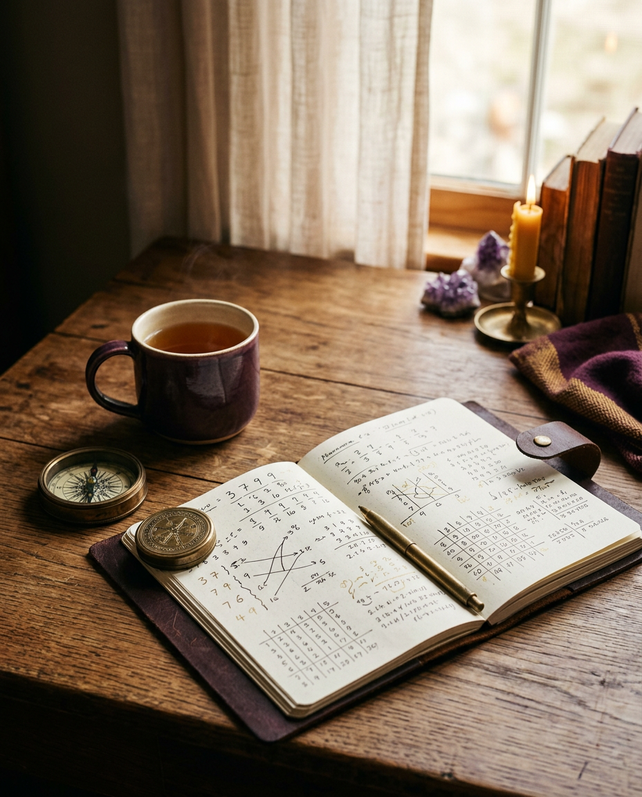 Numerology workspace with notebook, compass and tea