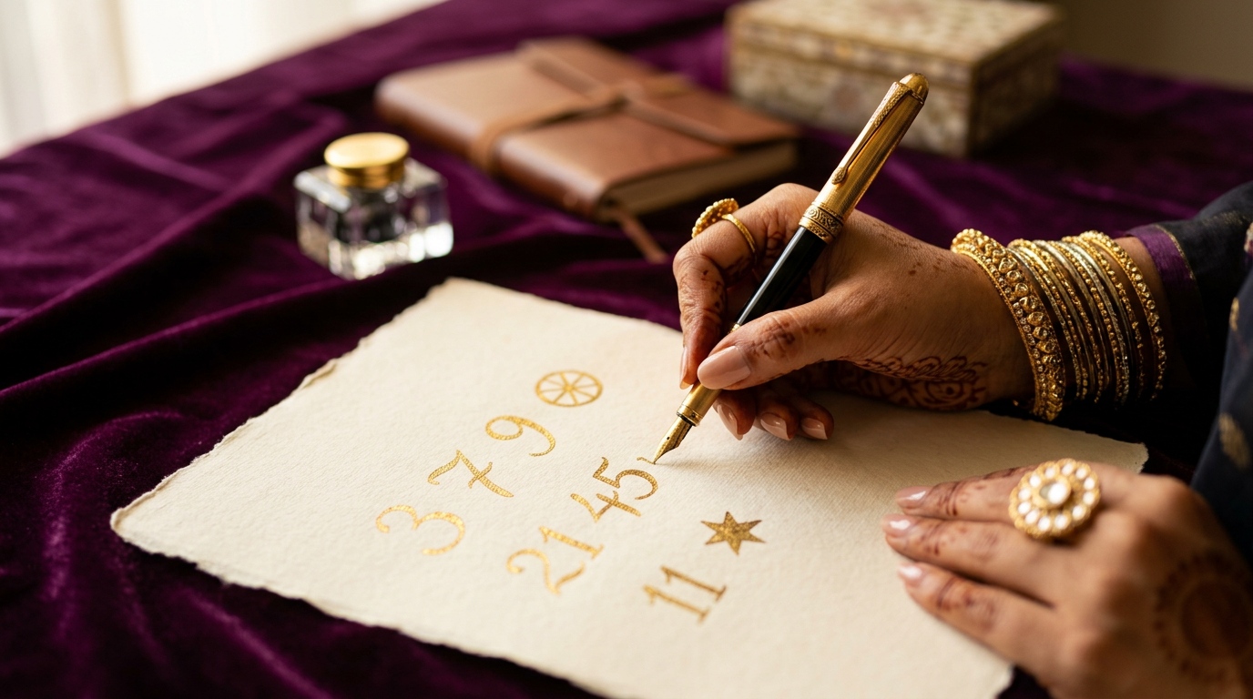 Hand writing numerology numbers in gold ink